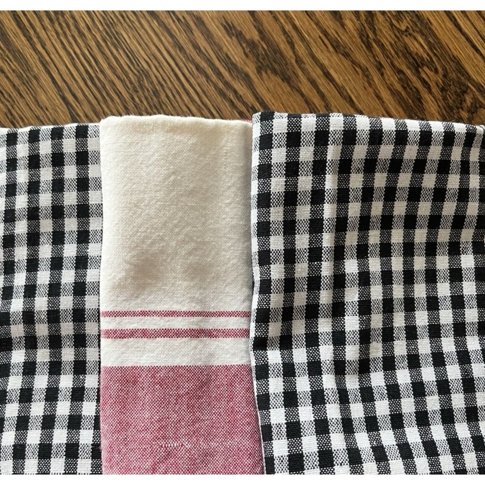 3 Kitchen‎ Tea Hand Towels Black White Checked Red Plaid Indo U. S. Sales Inc